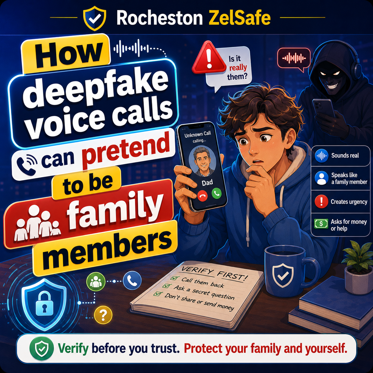 ZelSafe awareness card about deepfake voice calls impersonating family members